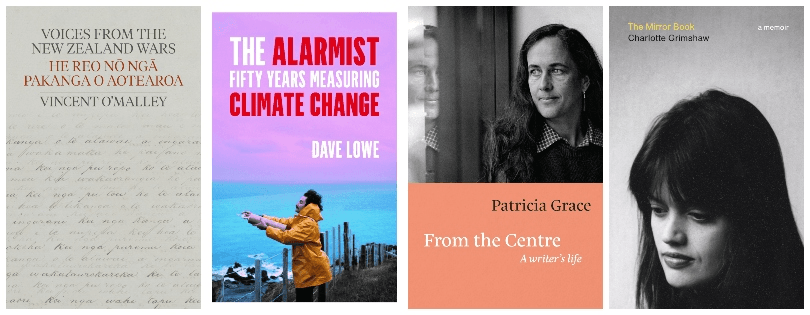 Four book covers, two showing black and white photographs of women, another a man leaning into a gale, arms upstretched into it.