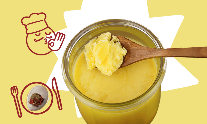 Ghee (and inset, spices ready for tempering to make tadka (Photos: Getty Images; Perzel Patel; additional design by Tina Tiller) 
