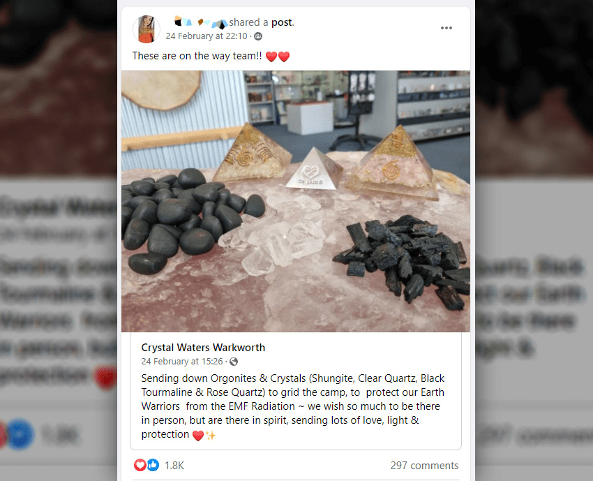 Facebook post announcing shipment of crystals to Wellington protest