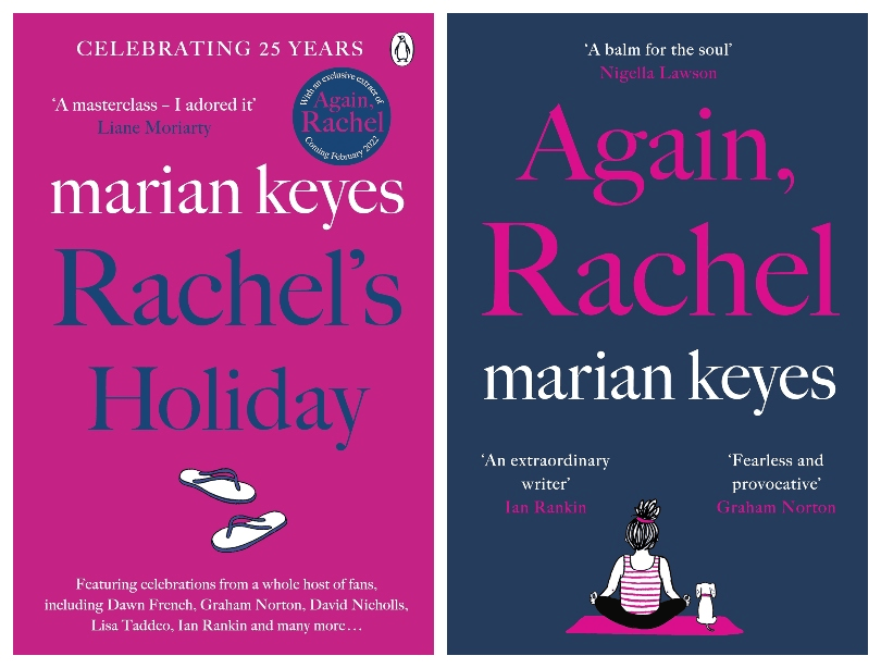 Two book covers, both in tones of bright pink and navy. 