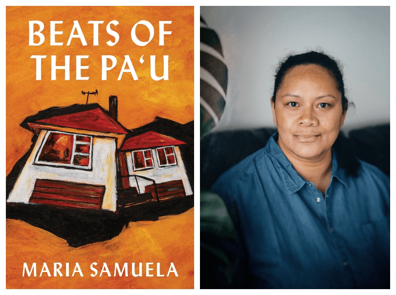 Vibrant orange book cover featuring artwork of weatherboard houses; photograph of Cook Islands woman in blue collared shirt, looking straight to camera.
