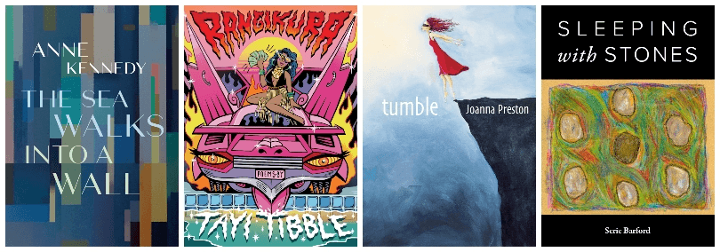 Four book covers, one vibrant pink street art, two cool blues and one yellows and greens. 