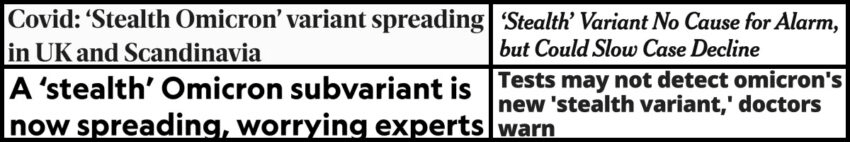 headlines mentioning the "stealth variant" of omicron