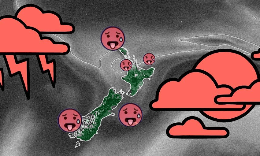 lots of hot weather and thunderstorms and hot looking emojis over a map of new zealand
