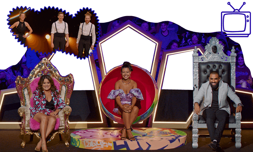 Left: Laser Kiwi, an act from 60 Seconds. Below: Laura Daniel, Tegan Yorwarth and Pax Assadi, judges. (Photos: TVNZ, Image Design: Tina Tiller) 
