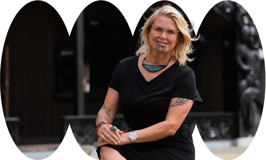 Dr Hinemoa Elder at Piritahi Marae, Te Huruhi Bay on Waiheke Island (Photo: Ellie Richards; additional design: Tina Tiller) 
