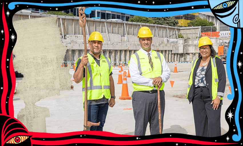 Rangi Kipa from Tihei Ltd, Te Ātiawa spokesperson Kura Moeahu and Tahuhu Programme principal adviser Hinerangi Himiona on the new site of Te Rua Mahara o te Kāwanatanga, with Te Tiriti o Waitangi inset (Photo: Supplied; additional design by Archi Banal) 

