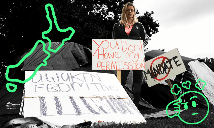A protester at Cranmer Square in Christchurch (Photo: Adam Bradley/SOPA Images/LightRocket via Getty Images; additional design Archi Banal) 

