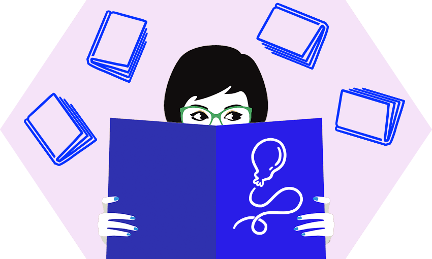 Illustration of a woman with glasses and short dark hair, holding a big book up in front of her face, doing side-eyes. Book emojis flying around her. All in tones of royal blue and violet.