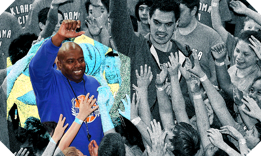 Kenny McFadden and Steven Adams coaching (Image: Hagen Hopins/Getty. Design: Tina Tiller) 
