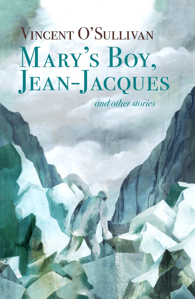 Cover of the book; shows an icy landscape in greens, blue and grey, slightly Cubist/stylised, with a hulking male figure walking away across the rocks.