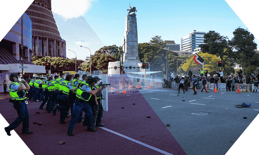 Police face off against protesters in Wellington this week (Image: Dave Lintott/Getty) 
