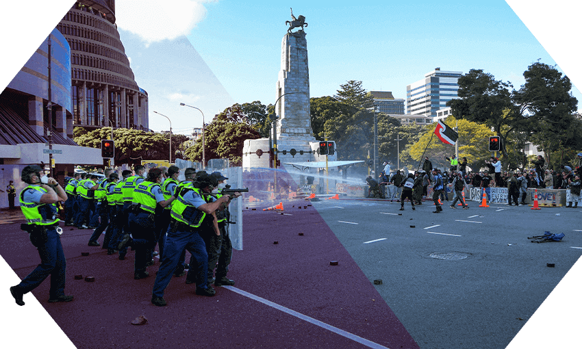 Police face off against protesters in Wellington this week (Image: Dave Lintott/Getty)