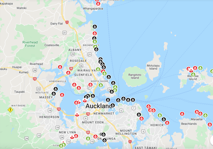 a screenshot showing a map of Auckland with black marks on most of the beaches map of the Auckland region with 