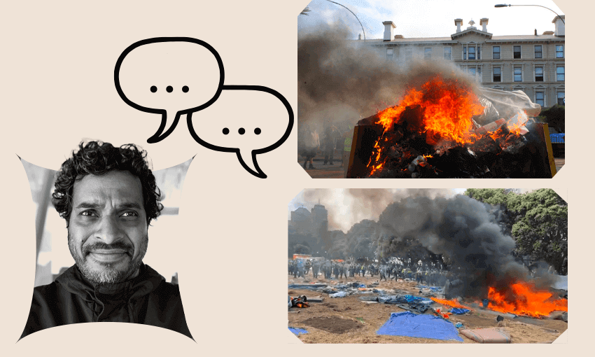Sanjana Hattotuwa and scenes from the parliament riot (Design: Tina Tiller) 
