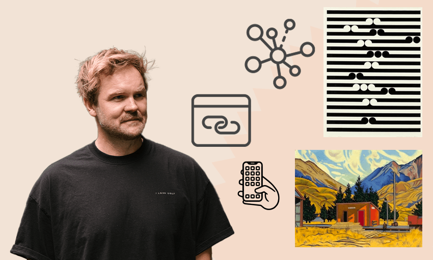 Glorious co-founder Tim Harper and two of its NFT releases, by Rita Angus and Gordon Walters (Images supplied; photo illustration by Tina Tiller) 
