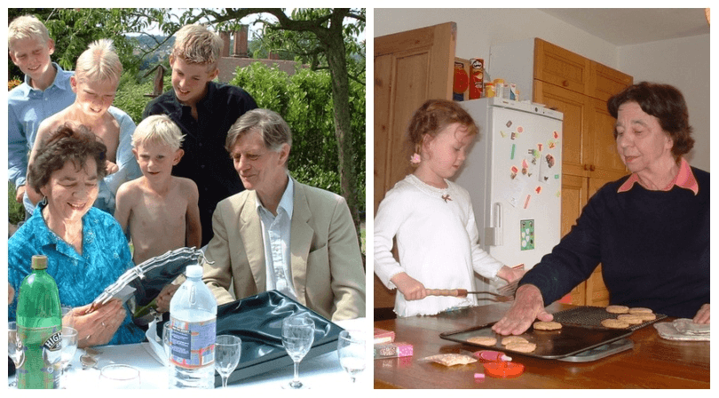 Family photo showing an older couple seated in a garden, unwrapping gifts as a crop of golden-haired grandchildren look over their shoulders. In another photo, the woman of the couple makes cookies with a preschooler. 