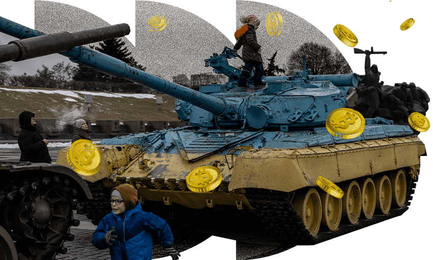 A tank being used in the conflict. Image: Getty Images; additional design Tina Tiller 
