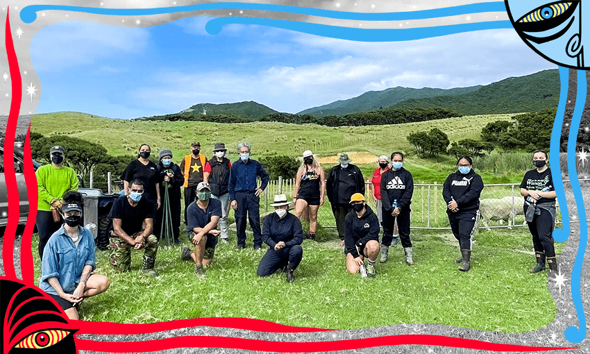 Te Whānau a Hunaara on the East Cape at their recent cultural mapping wānanga (Photo: Supplied; additional design The Spinoff) 
