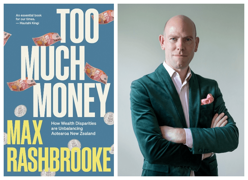 Left panel is a book cover showing coins and notes floating down over the title. Right panel is a portrait photo of a middle-aged white man, wearing a suit, arms crossed. 
