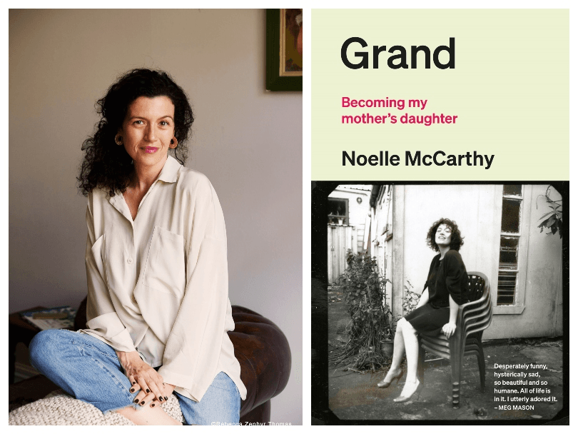 Photograph of middle-aged woman, smiling, perched on the arm of a couch. Wearing a very cool cream silk shirt and jeans, brown curly hair loosely pulled back. A contented smile. 