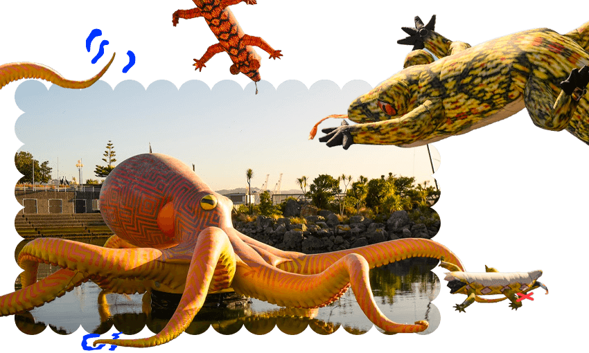 Inflatable mokomoko and wheke at the Kura Moana installation. (Images: Mark Tantrum with additional design by Tina Tiller) 
