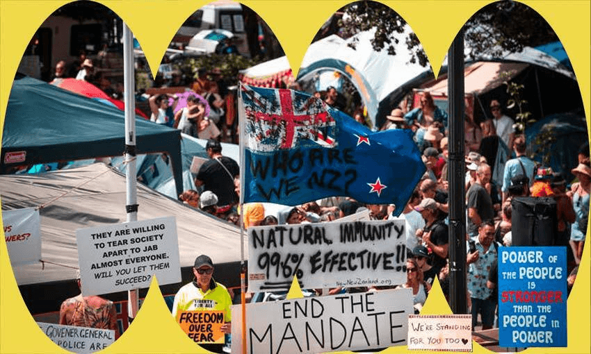 Protesters outside parliament in February (Photo: RNZ / Samuel Rillstone, additional design by Tina Tiller) 
