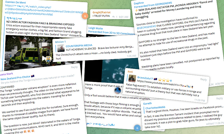 A collage of conspiracy theory messages from Telegram
