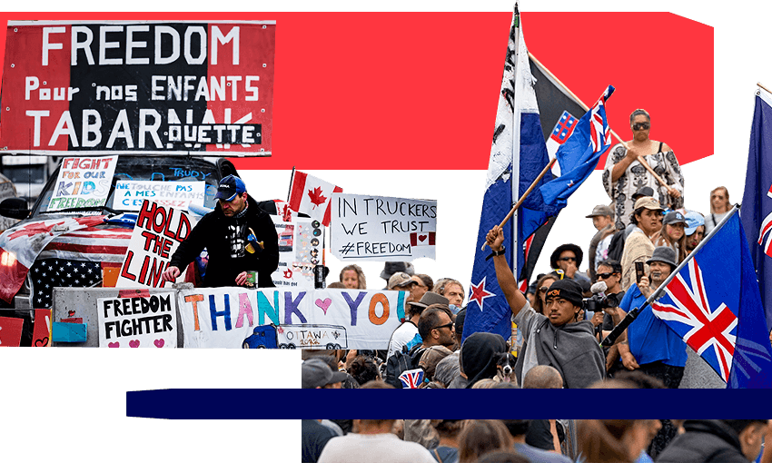 Watching two protests play out at the same time on different sides of the world. (Image: Getty Images, additional design by Tina Tiller) 
