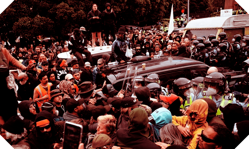 The parliament protesters on the final day of the occupation on March 2, 2022 (Photo: DAVE LINTOTT/AFP via Getty Images; additional design by Archi Banal) 
