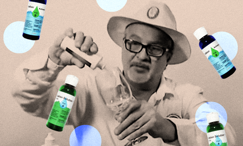 Jim Humble demonstrates the mixing of MMS, which ‘water purifying’ substances, superimposed here, form a version of. Image: Archi Banal