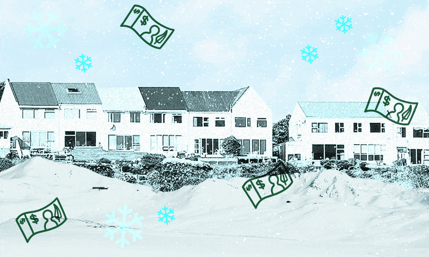 snow and money falling on houses