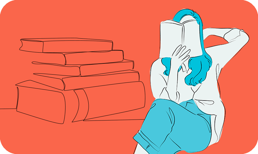 Illustration of a woman sitting, very relaxed, leaning back, with book. She's drawn in light blue and white, on an orange background.
