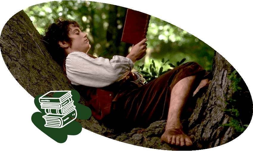 Frodo from the Lord of the Rings reading a book