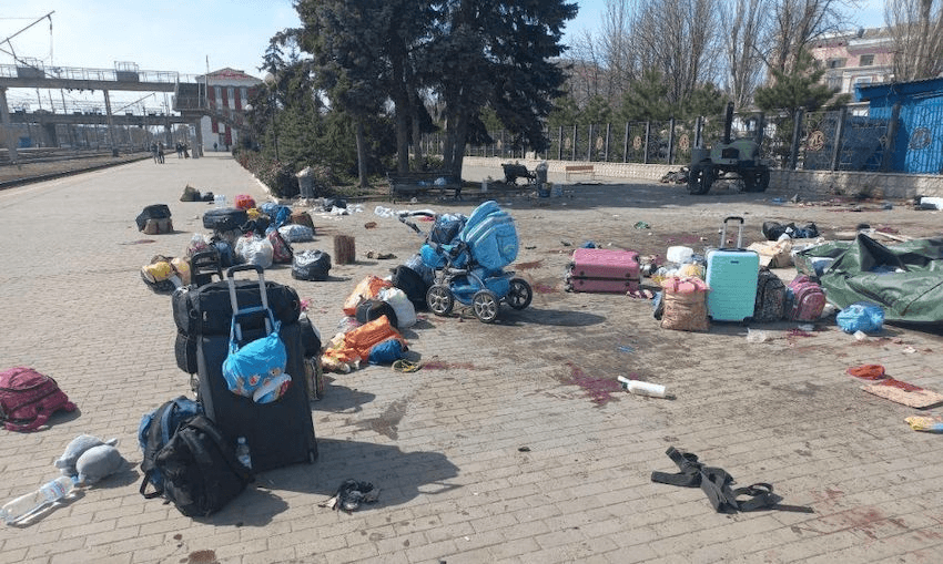Belongings of civilians are scattered across the forecourt of Kramatorsk railway station following a Russian missile strike on  on April 8, 2022. (Photo: Ukranian Presidency/Handout/Anadolu Agency via Getty Images) 
