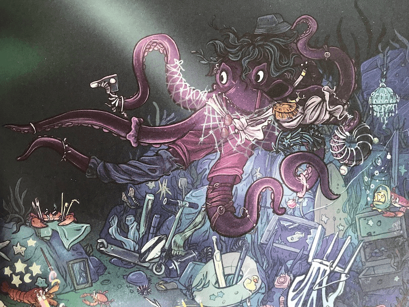 Illustration showing a giant octopus spread over a treasure trove of junk.
