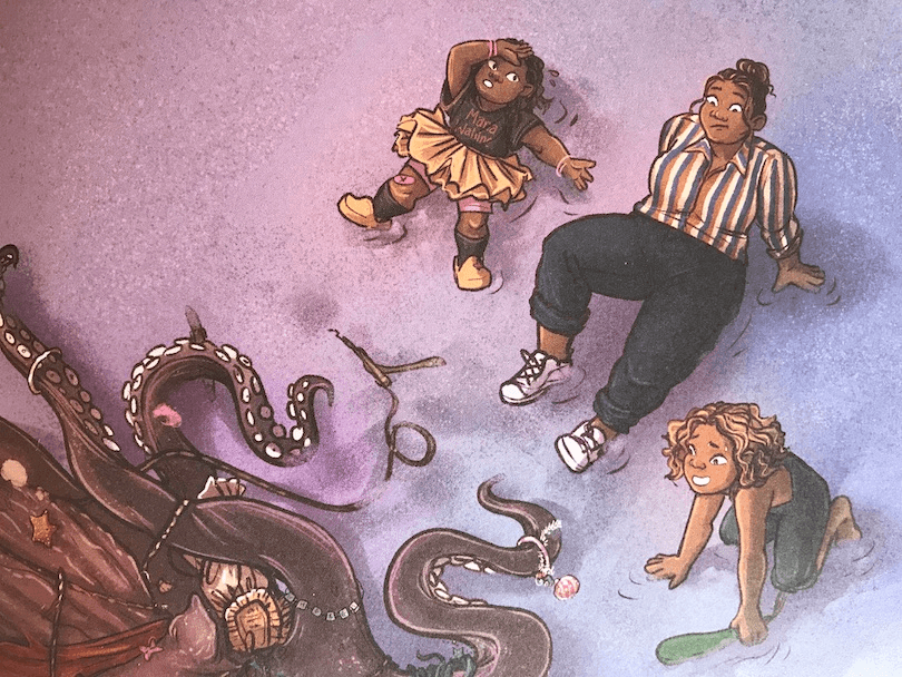 Illustration showing two kids and their mum sprawled on the sand, a huge octopus slumped in front of them. 