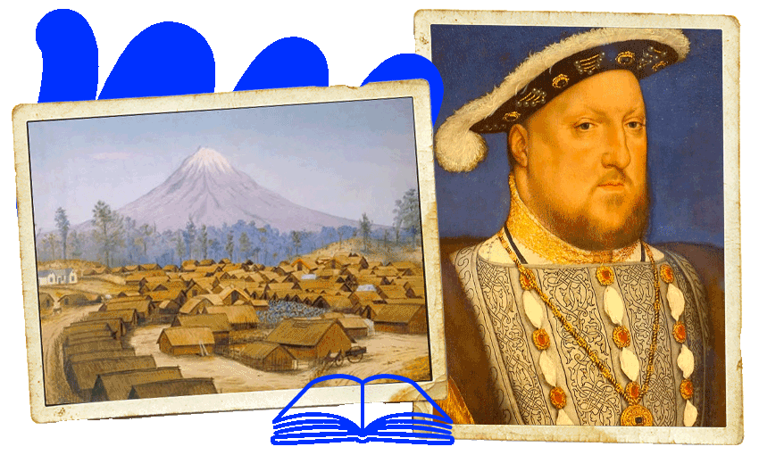 Left: Parihaka painted by George Clarendon Beale, c. 1881. Right: Portrait of Henry VIII, by Hans Holbein the Younger, c. 1537 (Photo illustration by Tina Tiller) 
