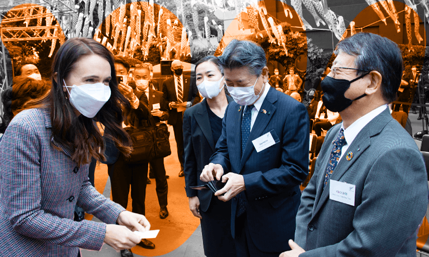 Prime minister Jacinda Ardern meets with Japanese business leaders during her April 2022 trade mission. (Photo: NZTE; Treatment: The Spinoff)  
