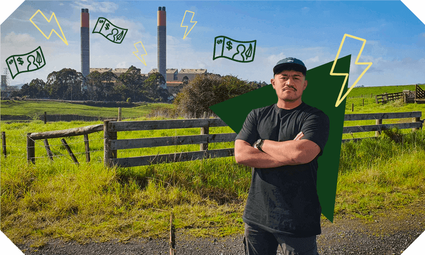 Nau Mai Rā CEO Ezra Hirawani with Huntly power station in the background. (Photo: Supplied; additional design: Tina Tiller) 
