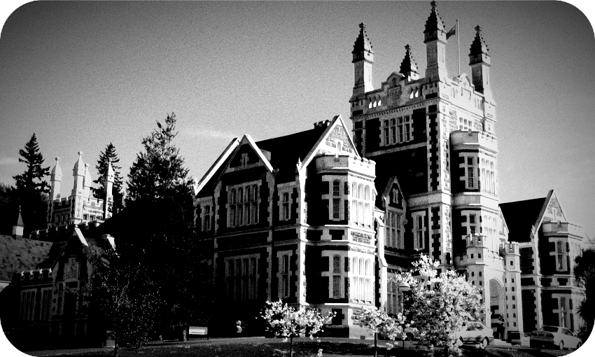 Photograph of castle-like building in black and white.