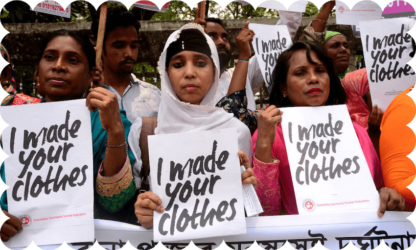 Bangladeshi activists demand safer workplaces for garments workers on the sixth anniversary of the Rana Plaza disaster in 2019. (Photo: Mamunur Rashid/NurPhoto via Getty Images) 

