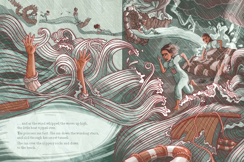Spread from a picture book showing a storm at sea, and a girl racing over rocks to save a drowning boy. 