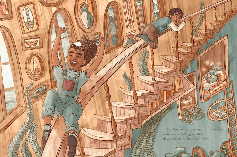 Spread from a picture book showing gorgeous wooden interior of a lighthouse, two kids whooshing down the banisters. All sorts of cosy nooks. 
