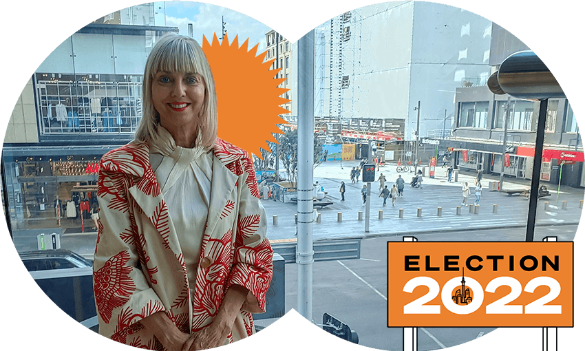 Viv Beck on the corner of Customs and Queen Streets. Photo: Toby Manhire. Illustration: Toby Morris 
