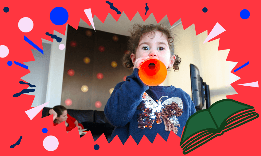 Photograph of a girl aged about 6 or 7 blowing with all her might into a toy trumpet.