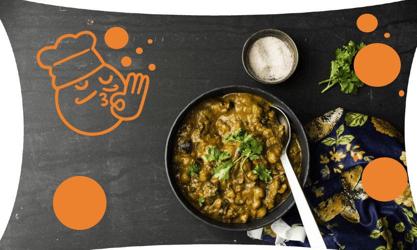 Eggplant and chickpea curry (Photo: Emma Boyd; additional design by Tina Tiller) 
