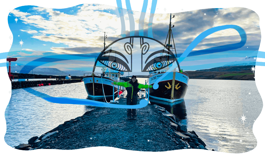 Te Aomihia Walker in Iceland (Photo: Supplied; additional design by Tina Tiller) 
