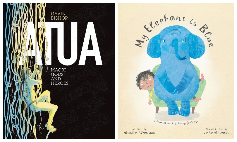 Two picture book covers, one grand and mostly black, the other cheerful, with a blue elephant perched on top of a small child. 