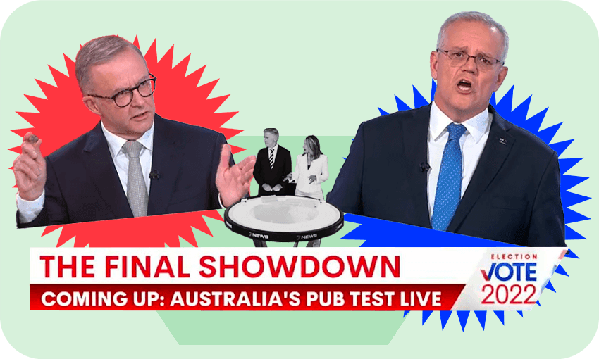 Scenes from Channel 7 as Anthony Albanese debated Scott Morrison. Image: Tina Tiller